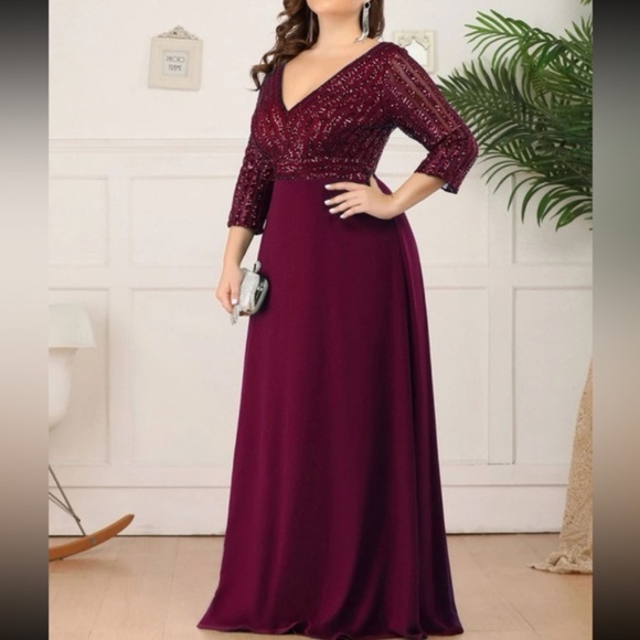 Plus sequin 3/4 sleeve Formal Prom Evening Party Wedding Dress - Picture 2 of 6